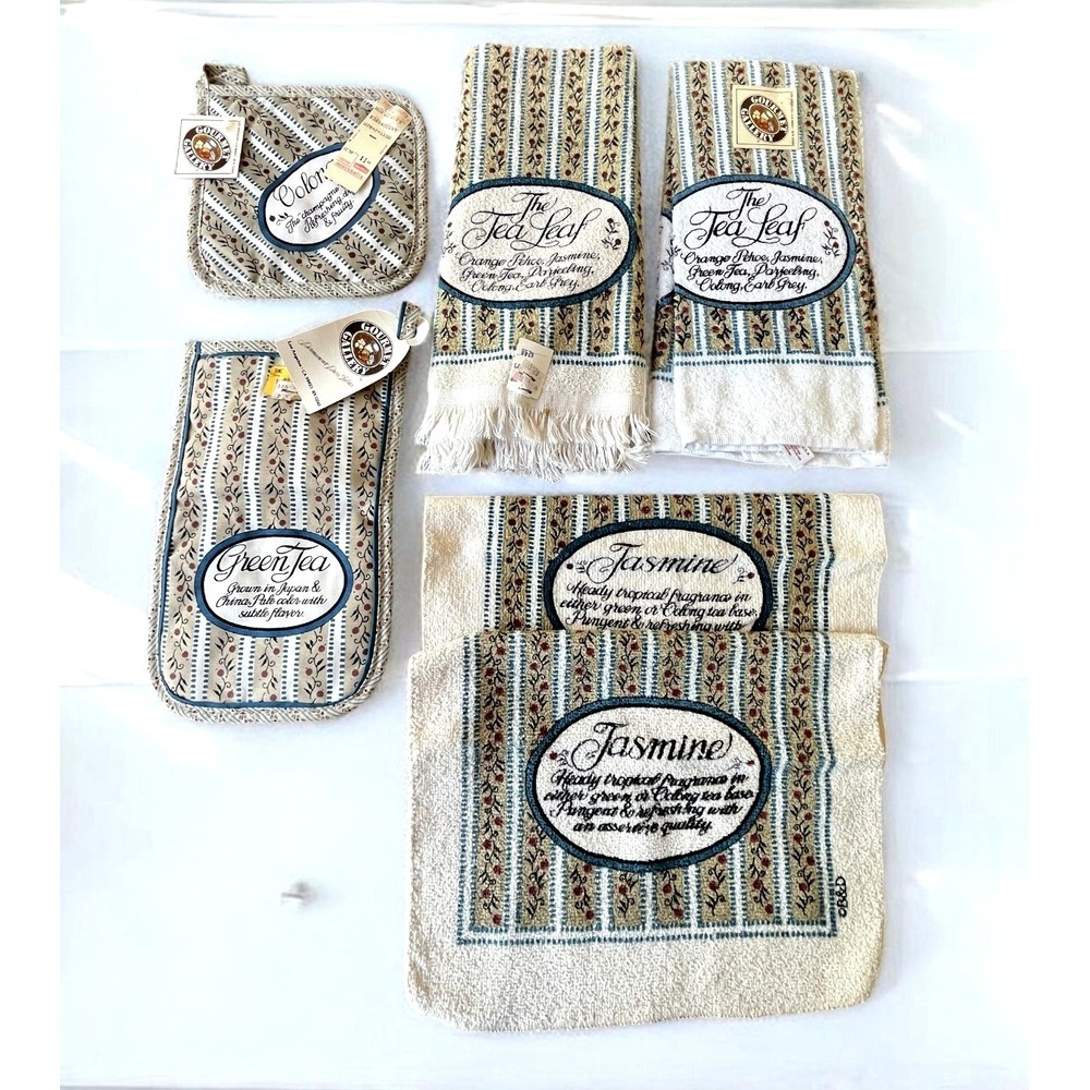 Gourmet Gallery 80's Kitchen 2 Dish Towels, 2 Washcloths, 2 Pot Holders Tea Leaf - Picture 2 of 6